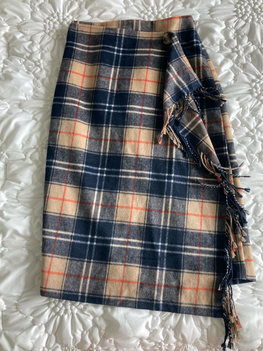 NWT Plaid Fringe sweater Wrap Pencil Skirt - Navy and Tan